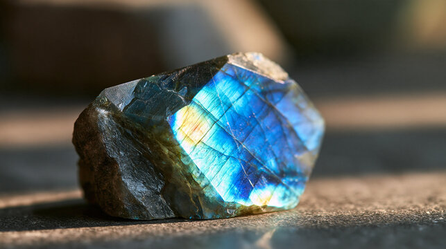 Raw labradorite mineral specimen with blue and green labradorescence iridescence isolated on a dark grey background, crystal healing gemstone, with copy space