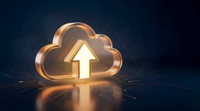 Cloud Computing Technology Concept with Glowing Golden Cloud Icon and Upward Arrow for Data Upload, Online Storage, Digital Hosting, and Network Connectivity over Futuristic Circuit Board Background
