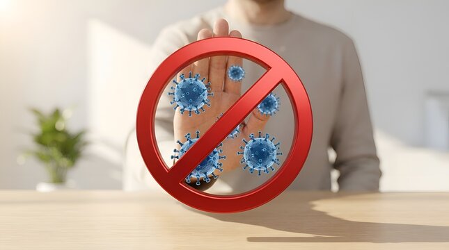 Conceptual 3D illustration of a man's hand making a stop gesture behind a red prohibition sign and floating blue virus particles, symbolizing protection, disease prevention, and immunity.