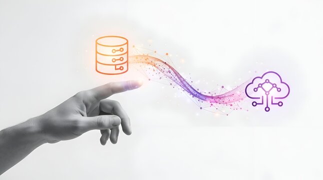 Conceptual image of a human hand interacting with a glowing digital data network connecting database server and cloud computing icons over a clean white background, symbolizing technology.
