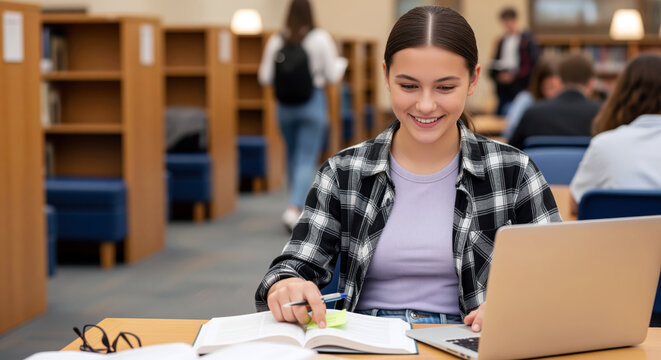 College female student reading and studying in a library combines courses alongside independent learning and books in support of college study, through a grounded college perspective