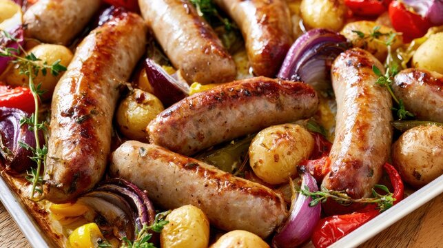 Roasted sausages with potatoes, red onion, peppers and herbs in baking dish, hearty meal preparation and home cooking concept