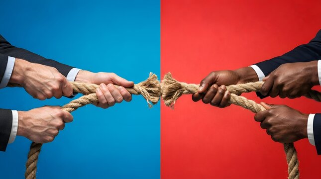 Diverse business hands in suits playing tug of war with a frayed rope about to break over blue and red background, representing competition, corporate conflict, and reaching a breaking point.
