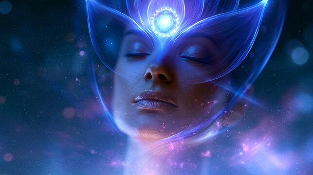 Serene spiritual face with a glowing lotus and third eye chakra representing enlightenment and cosmic consciousness against a beautiful galaxy background, spiritual art, with copy