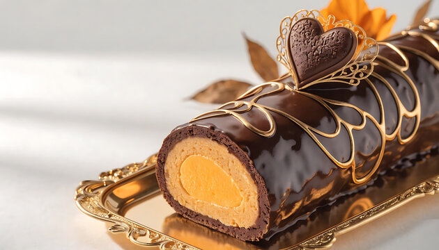 Chocolate yule log cake with yellow filling on a golden tray sweet food chocolate glaze heart decoration rolled cake holiday dessert sponge cake luxury food photography cream filling
