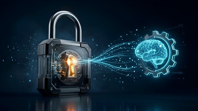Advanced Cyber Security Concept Featuring a Digital Padlock Securing Artificial Intelligence Neural Network Data and Machine Learning Algorithms with Glowing Connectivity Streams on Dark Background