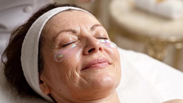 Woman receiving an eye gel patch facial treatment as an esthetician applies cooling skincare patches at a spa for hydration and rejuvenation