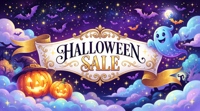 Halloween themed scene with pumpkins, bats, and a ghost, perfect for sale and promotional content