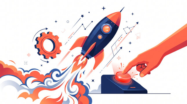 Illustration of a rocket launching with a hand pressing a button, symbolizing startup, progress, and launch