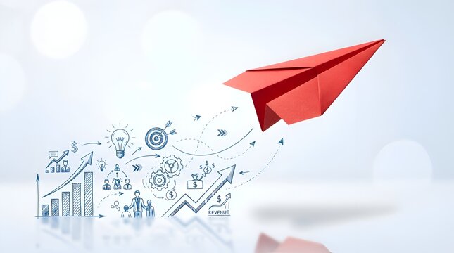 Red paper airplane flying with business growth doodles including financial charts, lightbulb ideas, and revenue arrows representing startup success, innovation, and leadership concept