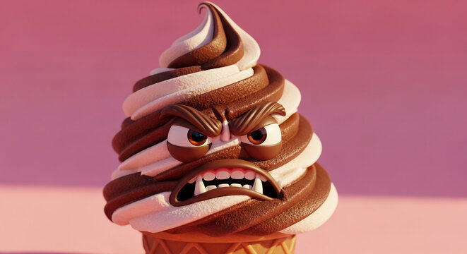Swirl of chocolate and vanilla ice cream on cone with angry face, representing a grumpy dessert, perfect for conveying dissatisfaction or a bad mood.