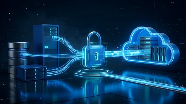 Secure Cloud Data Migration Concept with Glowing Padlock and Server Infrastructure Representing Encrypted Transfer, Cyber Security, and Networking in a High-Tech Digital Environment