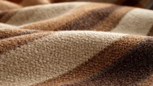 Soft brown plaid wool blanket texture close up, cozy fabric waves for home interior background.