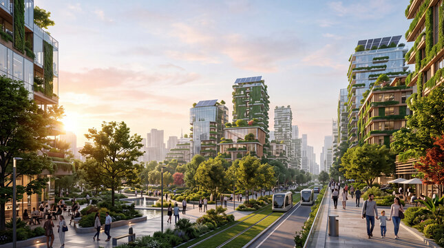 Futuristic sustainable city with green skyscrapers, vertical gardens, solar technology and clean urban transportation, future smart city concept.