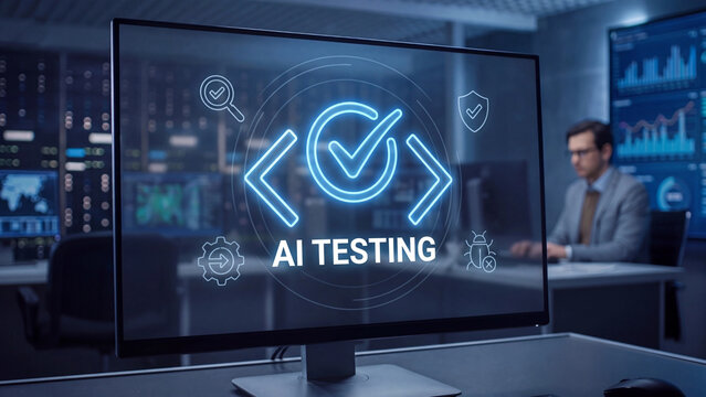 AI testing and software quality assurance concept with code verification bug detection automation and artificial intelligence validation in technology operations