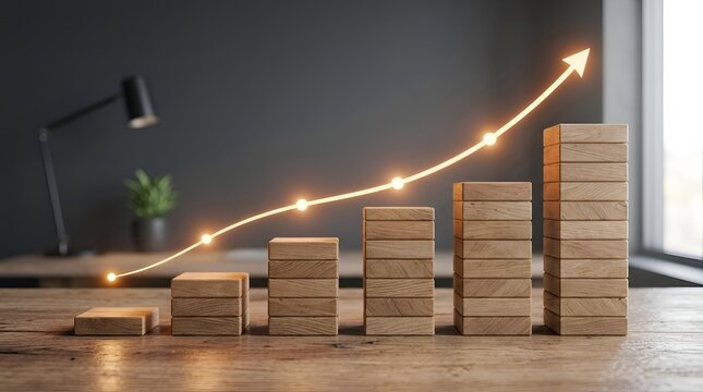 Stacked wooden blocks forming an increasing bar chart with a glowing rising arrow on a desk, representing financial growth, business success, economic progress, and long-term investment strategy.