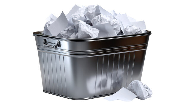 Metal wastebasket filled with crumpled paper