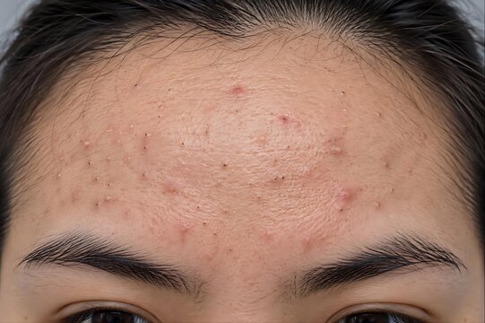 Realistic Comedonal Acne and Clogged Pores on Forehead, Dermatology Clinical Close-Up