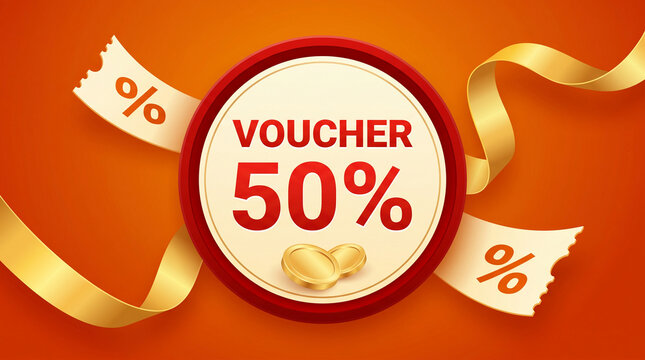 Circular voucher with 50% off, surrounded by golden ribbon and coins, symbolizing discount and savings, suitable for sale promotion.