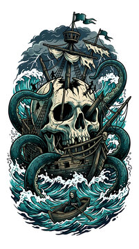 Terrifying Kraken Attacks Pirate Ship with Grim Reaper Rowing Boat Symbolizing Death