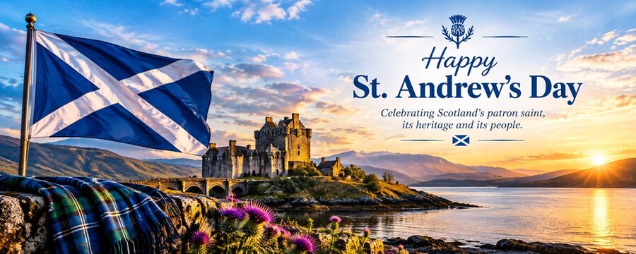 Scottish flag waving over castle during sunset with thistle and tartan