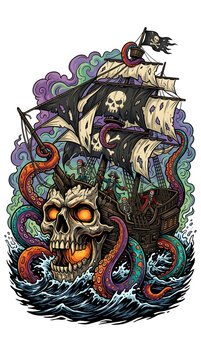 Terrifying Pirate Skull Ship Attacked by Kraken Tentacles in Stormy Seas