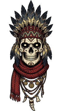 Tribal Skull Warrior Avatar Headdress Feathered Scarf Jewelry