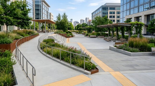 Modern Urban Park Plaza With Green Landscaping