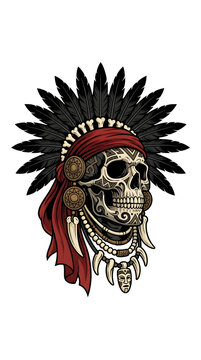 Tribal Skull Warrior Headdress with Feathers and Tusk Necklace