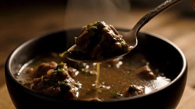 Tender Beef Stew in Warm Broth with Herbs in Home Kitchen