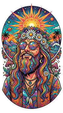 Vibrant Hippie Man Portrait with Psychedelic Landscape and Sun