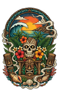 Vibrant Tropical Tiki Skull Sunset Wave Illustration Design Element