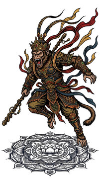 Warrior Monkey King Fighting with Ornate Staff Standing on Lotus Mandala