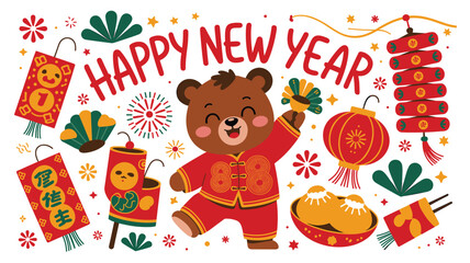Fototapeta premium Cute cartoon bear in traditional chinese clothing celebrating the lunar new year festival