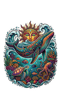 Whimsical Ocean Scene with Sun Turtle Whale and Octopus Vibrant Illustration