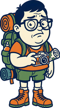 Worried Hiker with Backpack and Camera Captures Scenic View