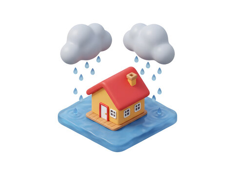 3d isometric house on a small island during rain isolated on transparent background