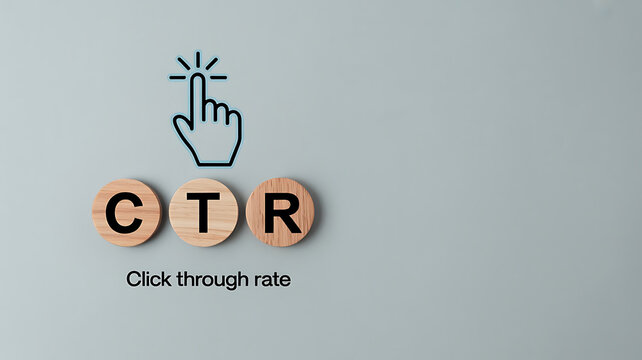 Conceptual representation of click through rate metrics using wooden blocks and a digital clicking hand icon on a neutral background