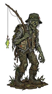 Zombie Fisherman with Fishing Rod and Caught Fish in a Swamp Environment