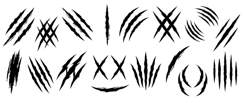 Claw scratch marks and ripped slashes vector graphic element set for horror and sports design