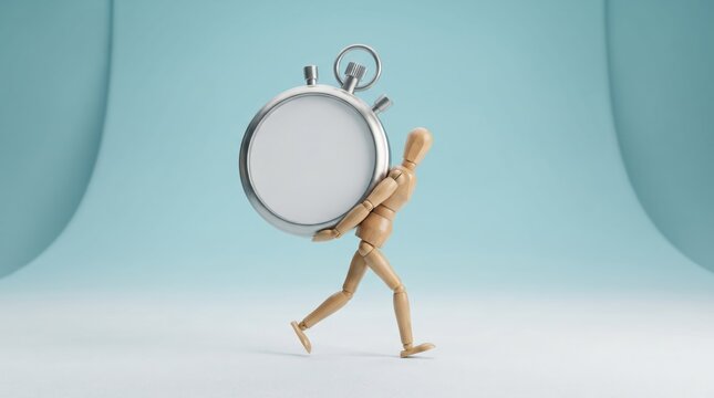 Wooden figure carrying large stopwatch in motion