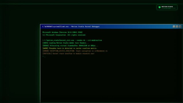 A 4K professional motion graphics template featuring a Windows command prompt terminal with advanced CRT phosphor glow, real-time memory dump simulation, and glitch effects optimized for timecut rende