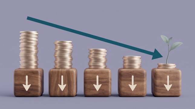 Stack of coins falling from bottle with downward arrow trend