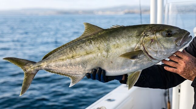 Angler holding a freshly caught yellowtail fish on a boat at sea