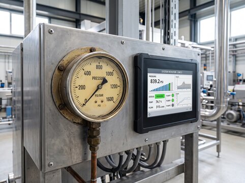 Old Mechanical Gauge Beside Modern Industrial Touchscreen