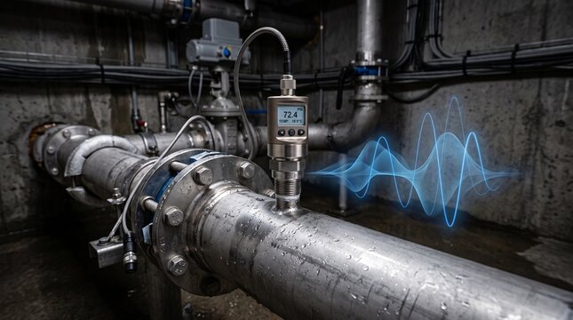 Industrial ultrasonic flow meter on metal pipe, digital acoustic wave sensor for water management, smart utility infrastructure monitoring