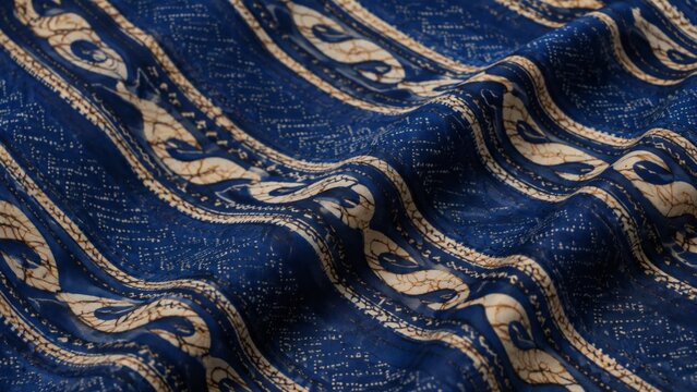 Traditional Indonesian Parang batik fabric pattern close up background, brown and cream textile design with intricate ethnic motifs and wax-resist dyeing details.