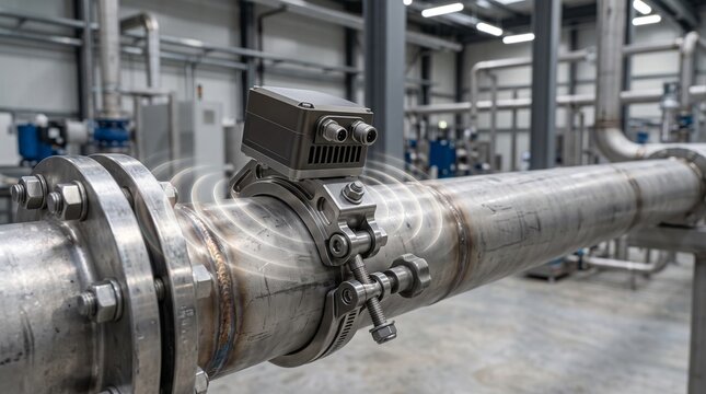 Ultrasonic flow meter sensor on industrial steel pipe, smart water management technology, non-invasive monitoring system in factory plant
