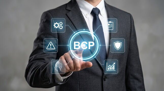 Businessman interacting with bcp digital dashboard showing business operations
