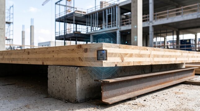 Cross-laminated timber panel on construction site, sustainable CLT wood building materials, mass timber engineering for modern architecture